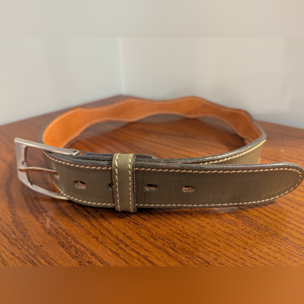 Brushy Creek Vintage green Leather curved Belt  36.5" Long Sz 30 Made In The USA